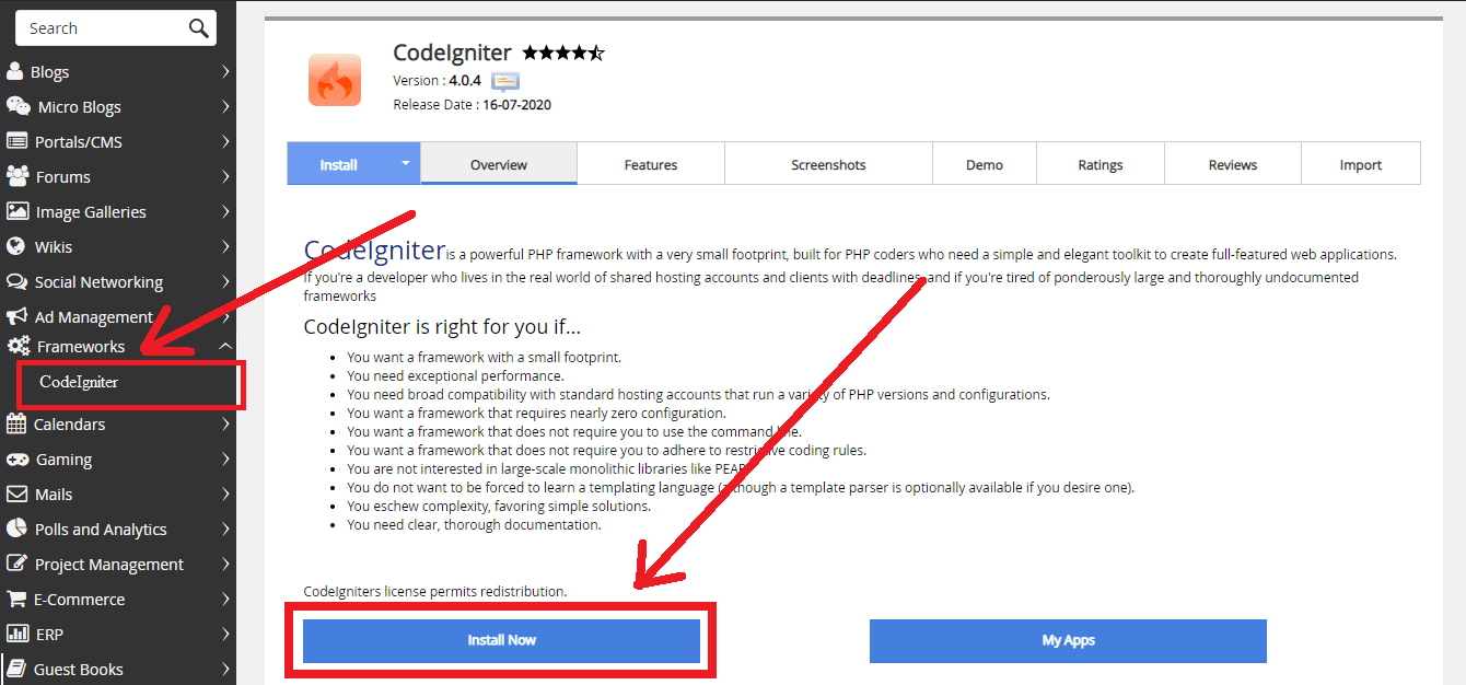 Cara Install Framework Codeigniter melalui Softaculous