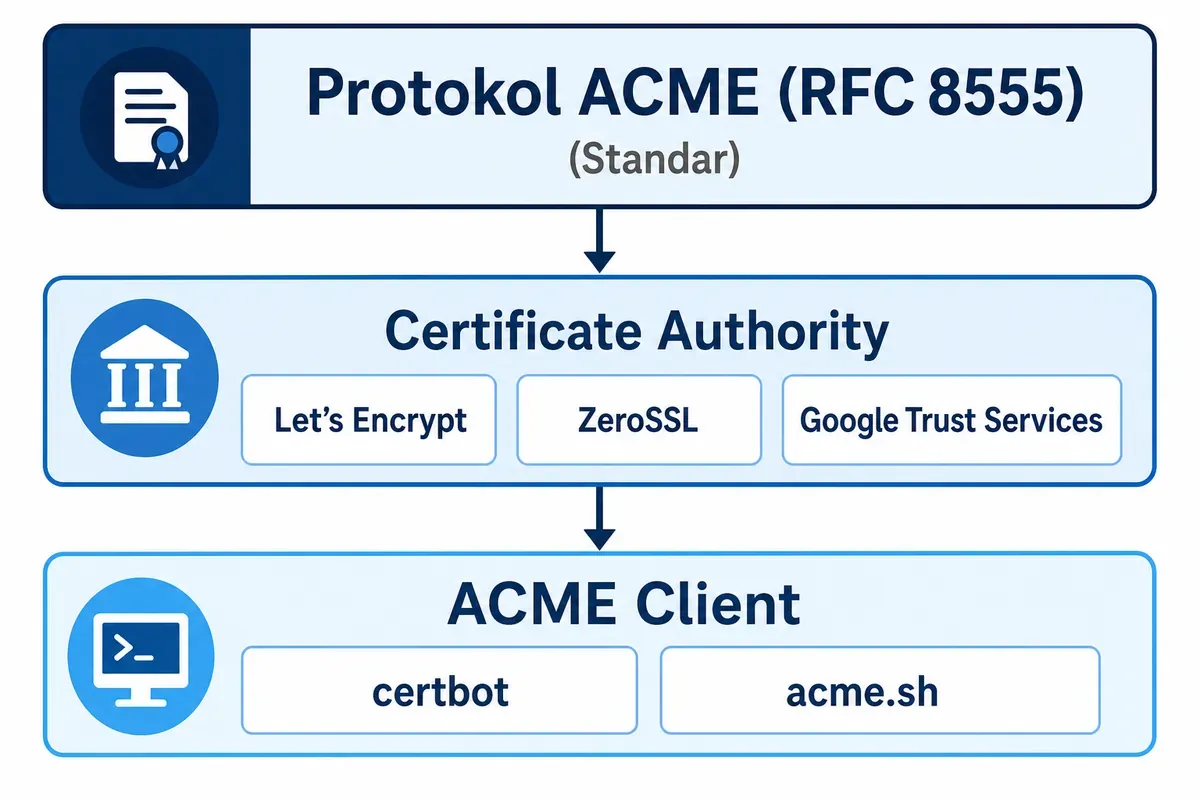 Peta ekosistem ACME: protokol RFC 8555, CA Let's Encrypt/ZeroSSL/Google Trust Services, client certbot/acme.sh.