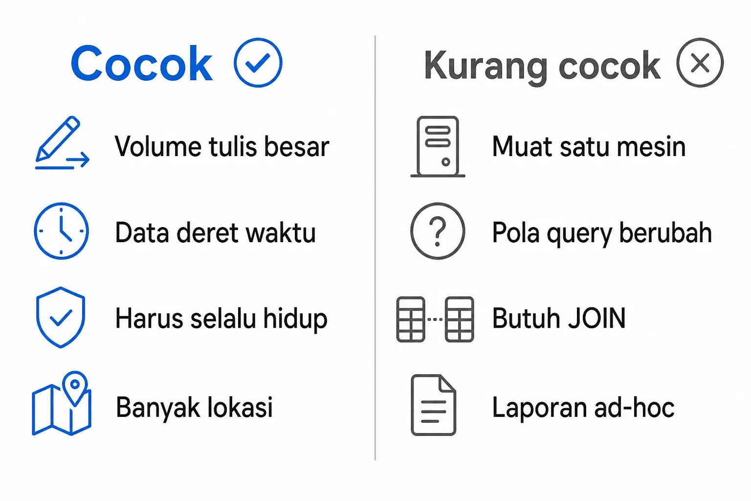 Cassandra cocok untuk volume tulis besar dan banyak lokasi; kurang cocok bila data muat satu mesin atau butuh JOIN.