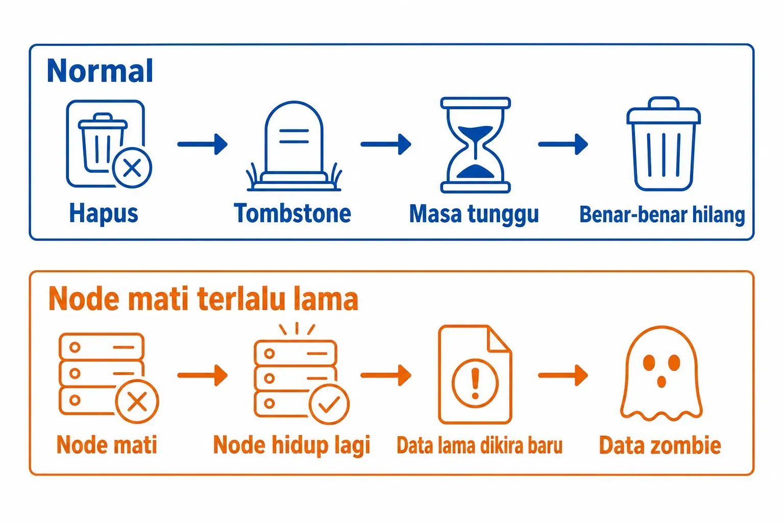Alur hapus Cassandra: tombstone hilang setelah masa tunggu, tetapi node mati terlalu lama memunculkan data zombie.
