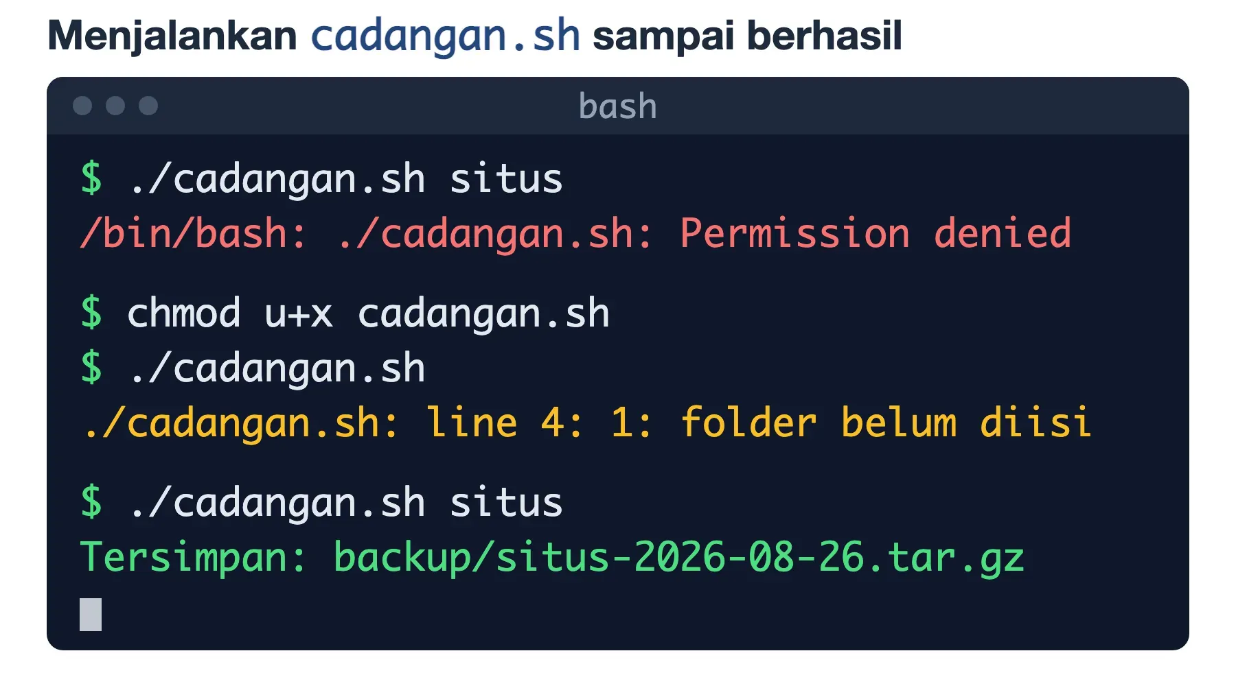Contoh bash script dijalankan: ditolak Permission denied, diperbaiki dengan chmod u+x, hingga cadangan tersimpan.