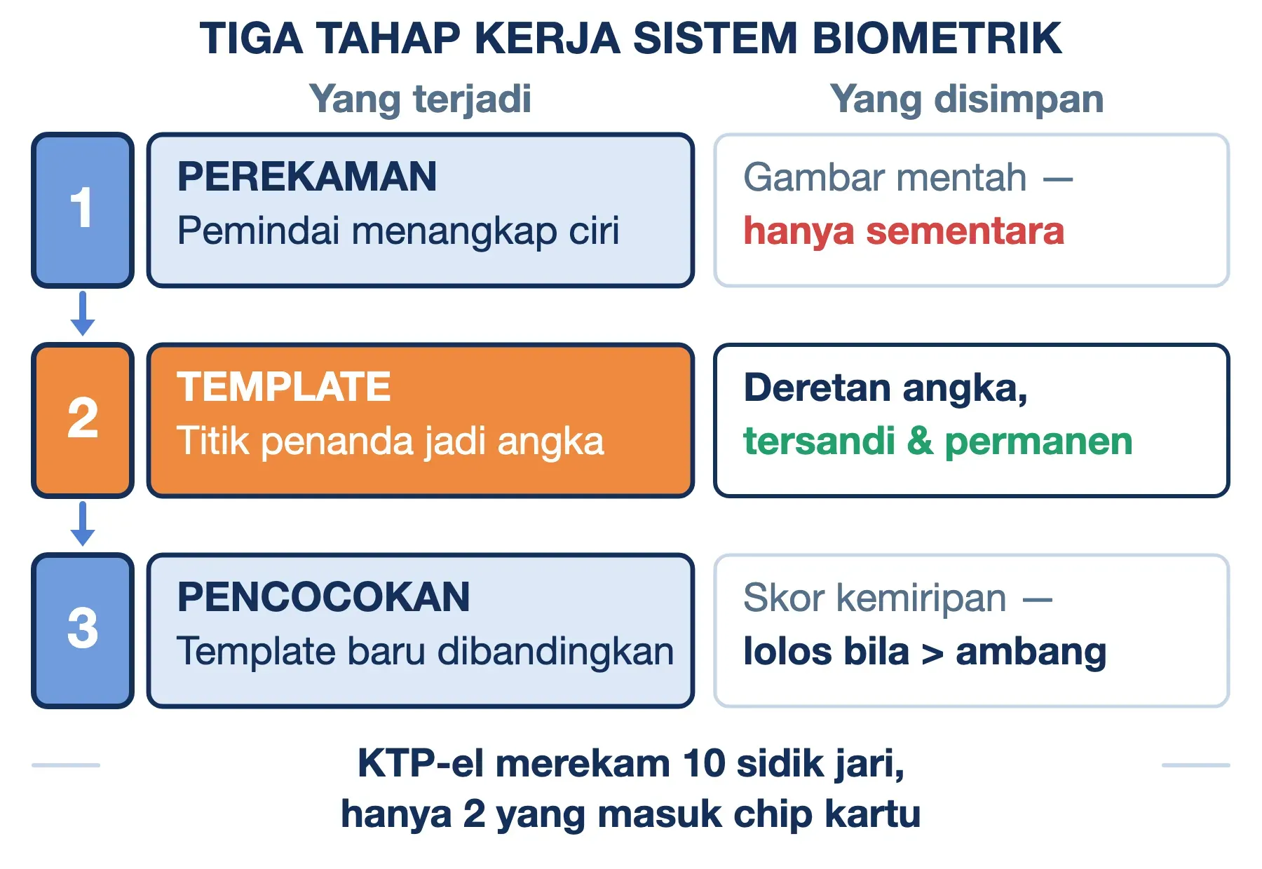 Tiga tahap biometrik: perekaman, template, pencocokan. Data biometrik yang disimpan berupa angka tersandi, bukan foto.