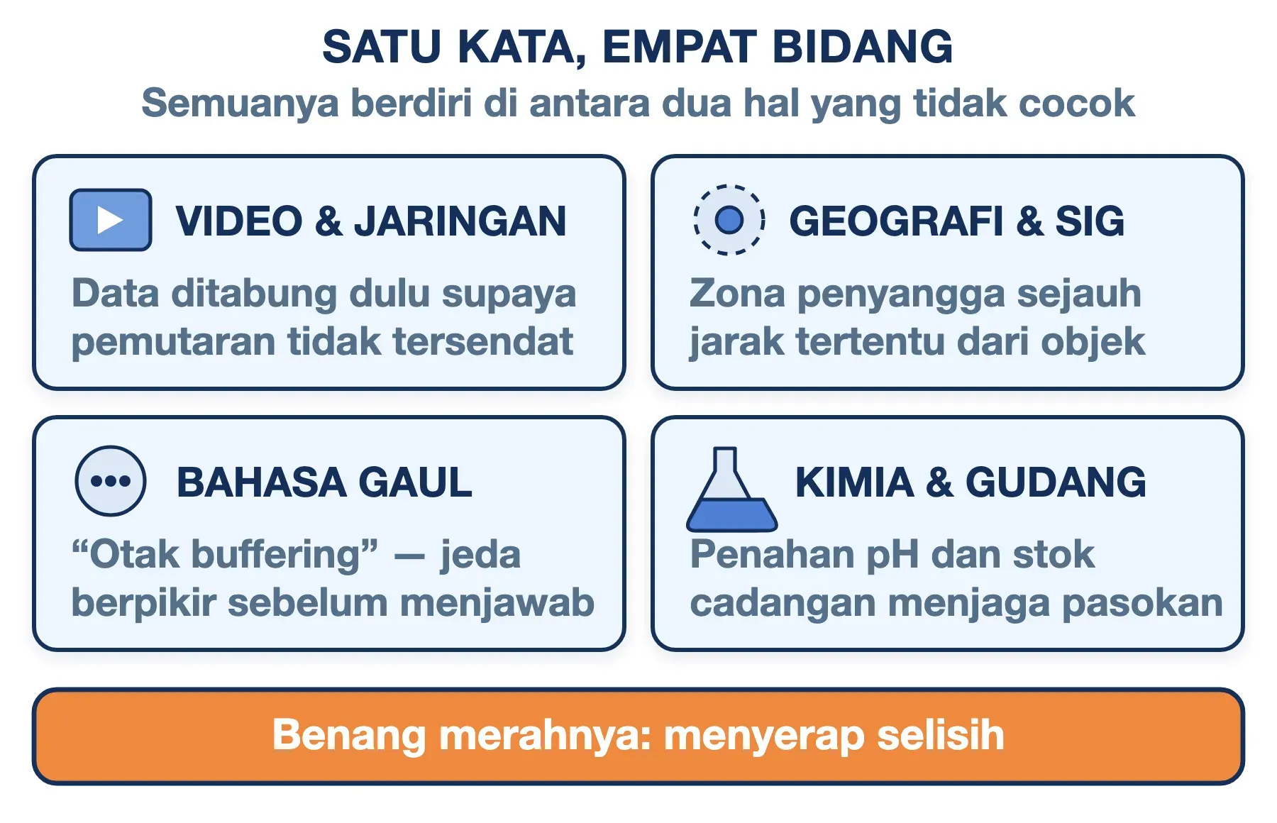 Buffering berarti penyangga di empat bidang: video, zona SIG, bahasa gaul, serta kimia dan gudang.