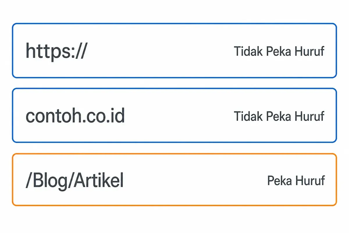 Tiga baris alamat web: https:// dan contoh.co.id ditandai tidak peka huruf, sedangkan /Blog/Artikel peka huruf.