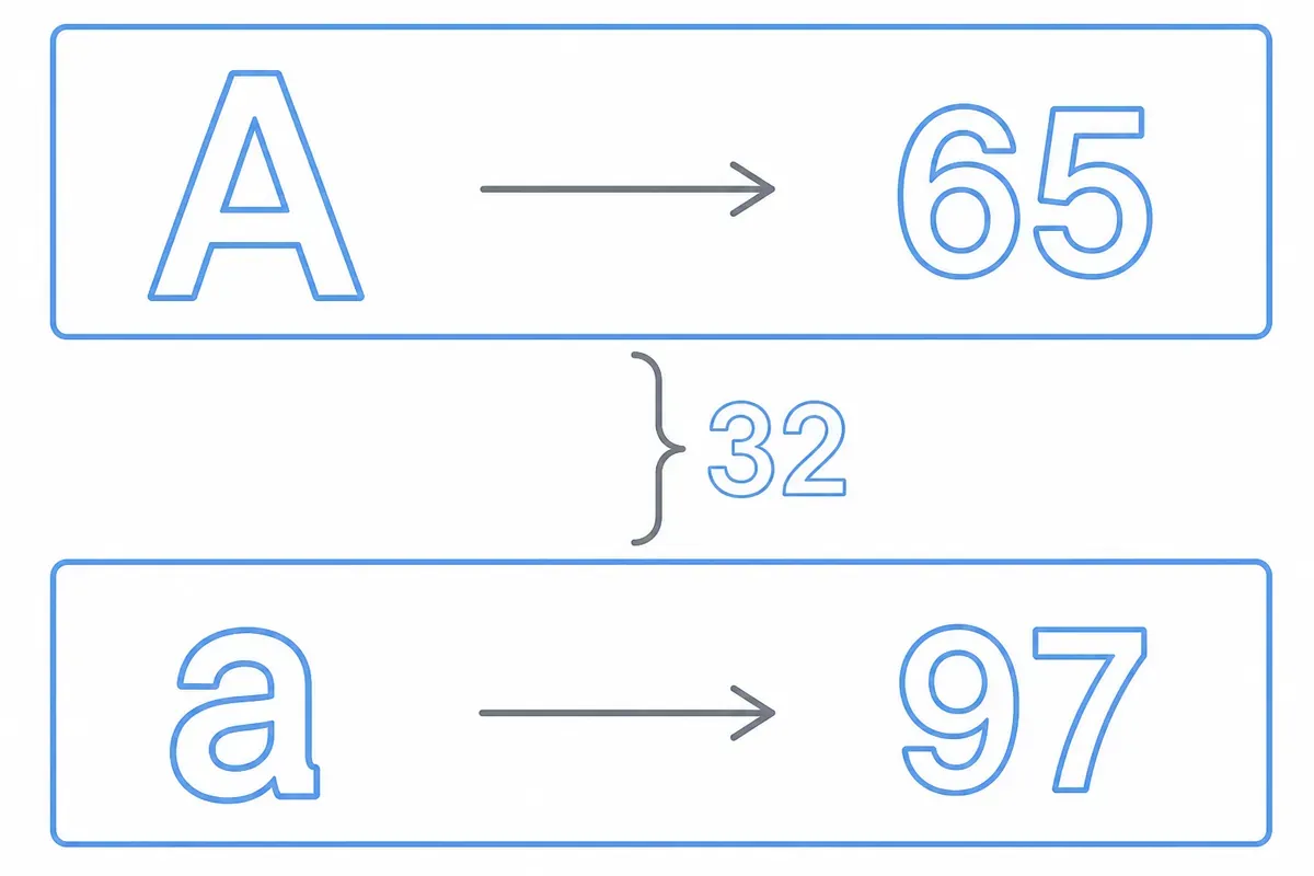 Diagram kode ASCII: huruf A bernilai 65 dan huruf a bernilai 97, dengan selisih 32 di antara keduanya.