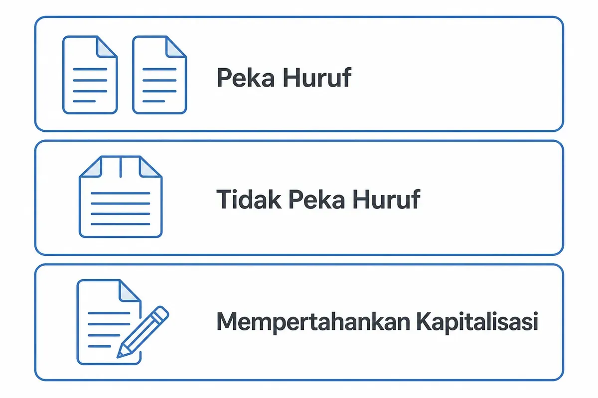 Tiga kartu berlabel Peka Huruf, Tidak Peka Huruf, dan Mempertahankan Kapitalisasi beserta ikon berkasnya.