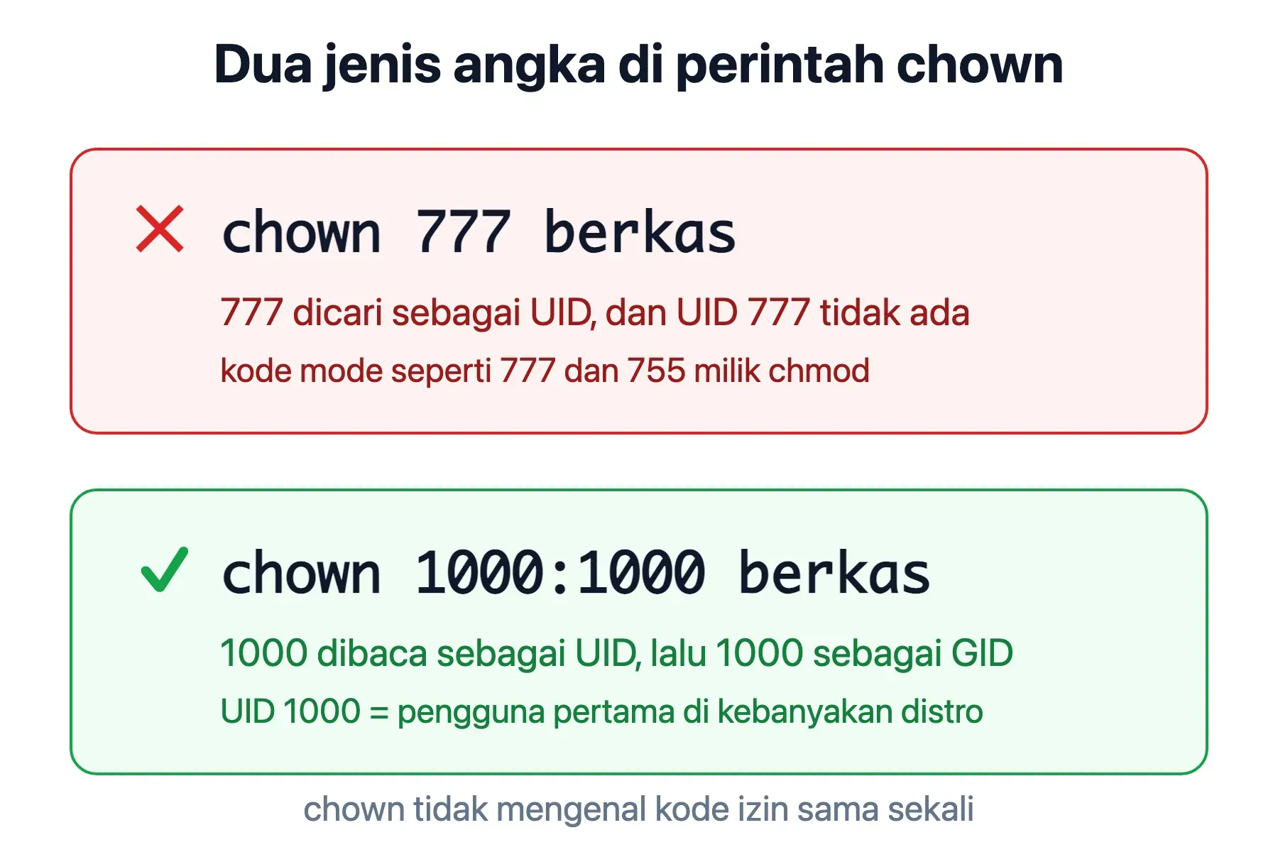 chown 777 ditolak karena tidak ada pengguna ber-UID 777, sedangkan chown 1000:1000 diterima sebagai UID dan GID.