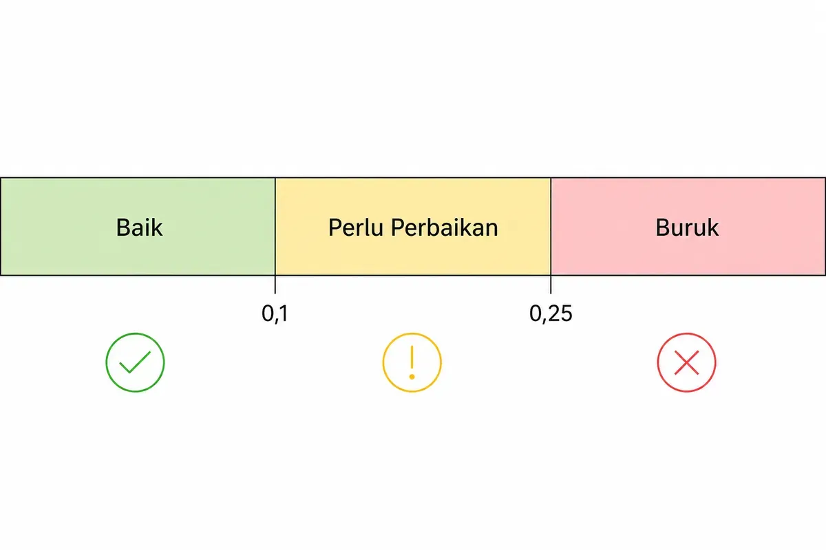 Diagram ambang skor CLS: zona Baik di bawah 0,1, Perlu Perbaikan 0,1 sampai 0,25, dan Buruk di atas 0,25.