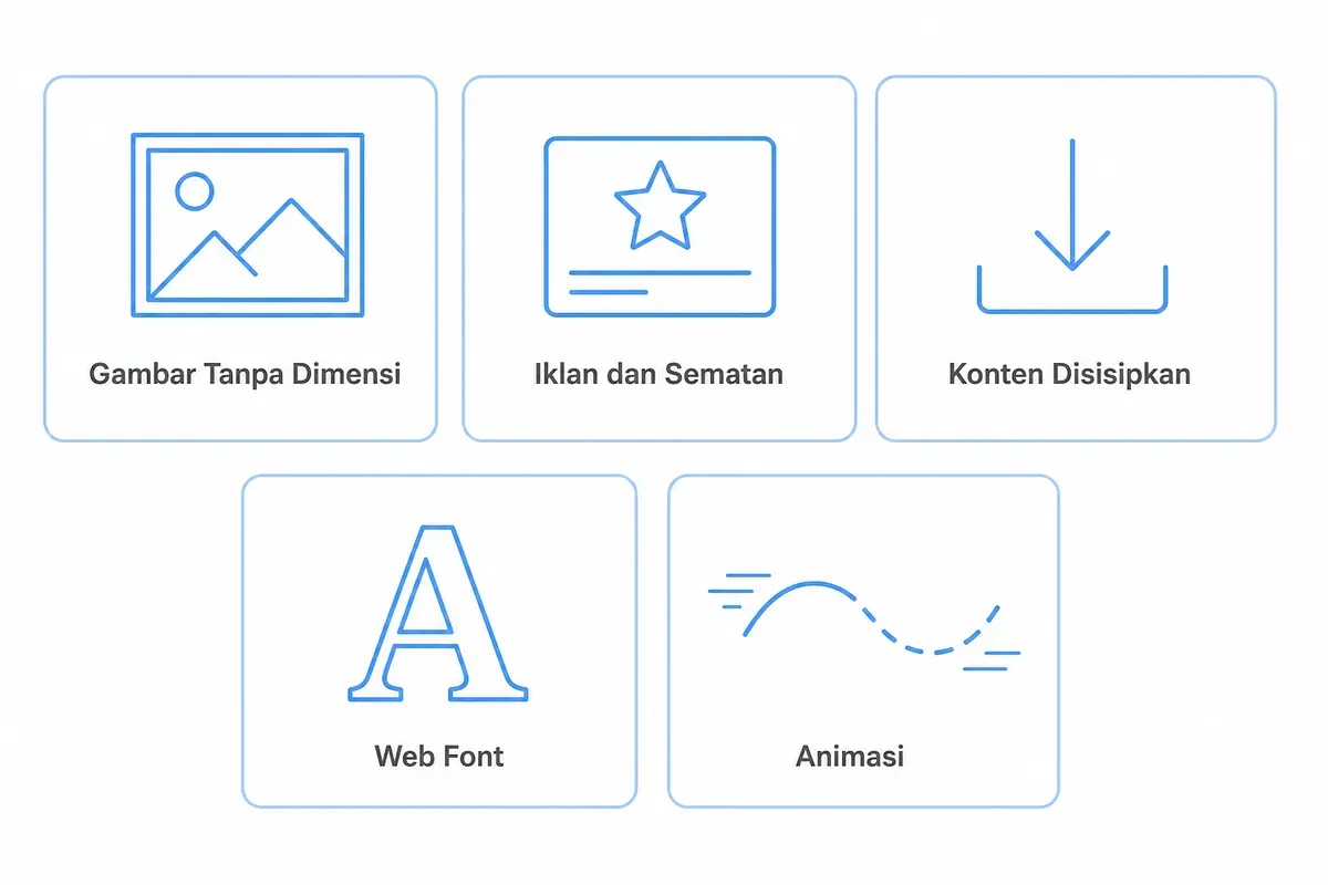 Diagram lima penyebab pergeseran tata letak: gambar tanpa dimensi, iklan, konten disisipkan, web font, dan animasi.