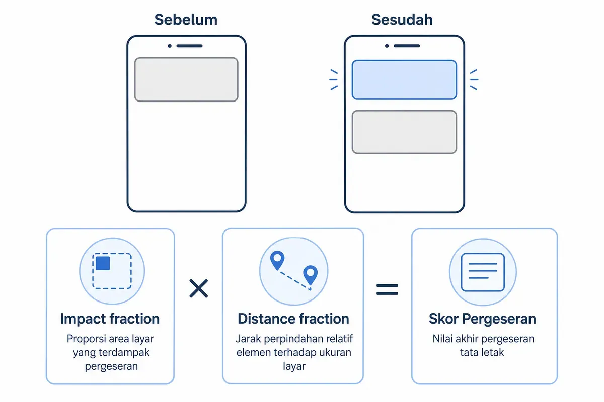 Diagram rumus skor CLS: impact fraction dikali distance fraction menghasilkan skor pergeseran tata letak.