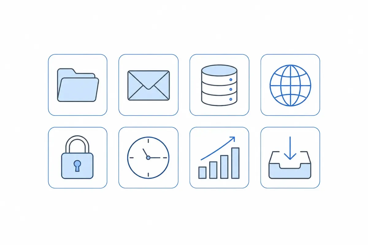 Delapan pekerjaan di control panel hosting: berkas, email, database, domain, SSL, cron, statistik, dan pemasangan aplikasi.