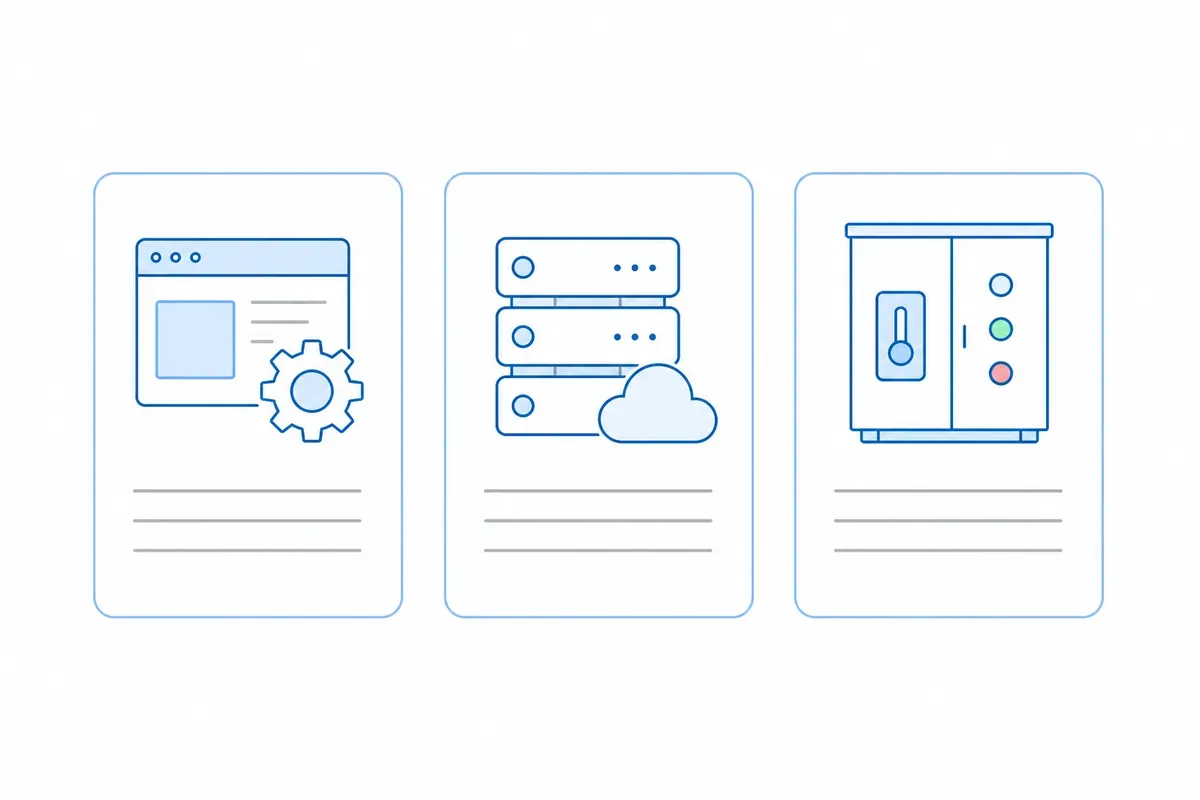 Tiga kartu arti control panel: pengaturan sistem komputer, server hosting, dan lemari panel listrik berlampu indikator.
