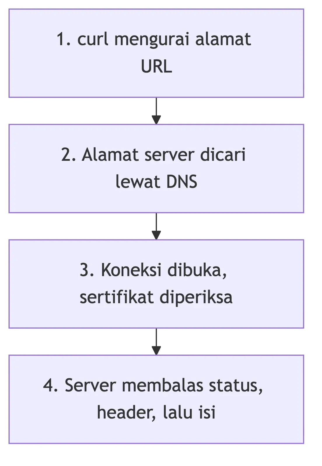 Diagram alur kerja curl saat mengurai URL, mencari server lewat DNS, membuka koneksi, lalu menerima respons.