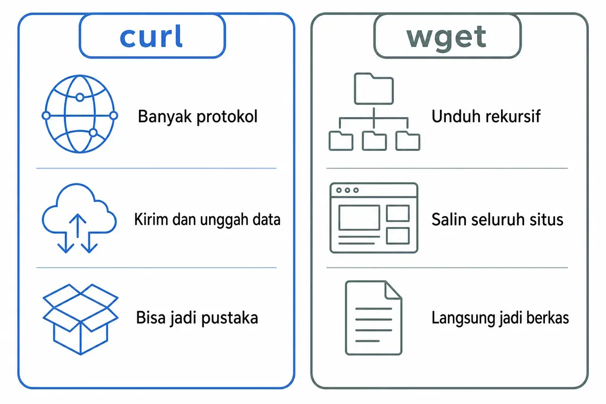 Diagram perbandingan curl dan wget: banyak protokol dan unggah data, berhadapan dengan unduh rekursif dan salin situs.