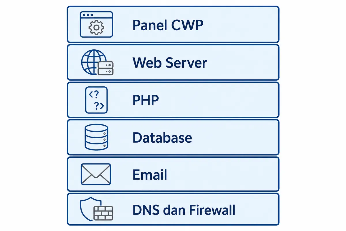 Diagram tumpukan layanan yang dipasang CWP: Panel CWP, Web Server, PHP, Database, Email, serta DNS dan Firewall.