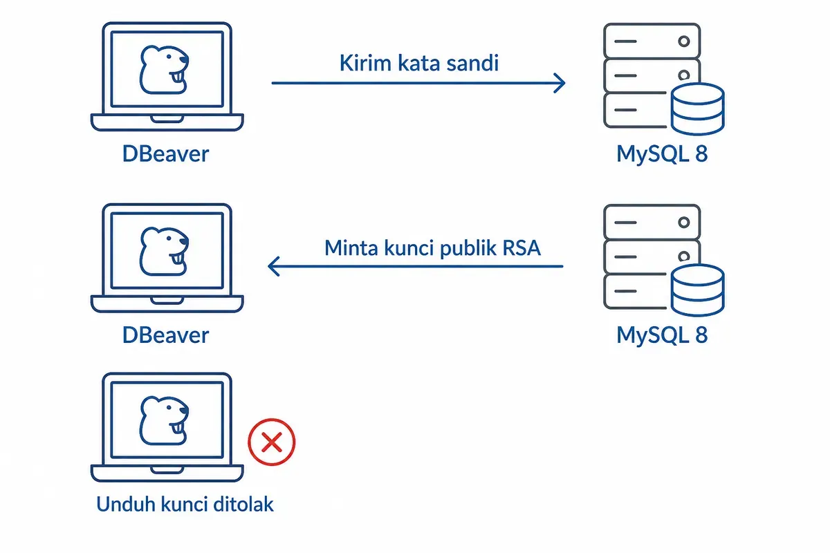 Diagram tiga langkah DBeaver dan MySQL 8 dengan alur kirim kata sandi, minta kunci publik RSA, lalu unduh kunci ditolak.