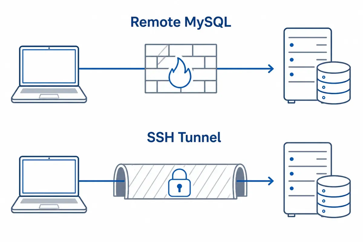 Diagram dua cara DBeaver menyambung ke database server: remote MySQL lewat firewall dan SSH tunnel terenkripsi.