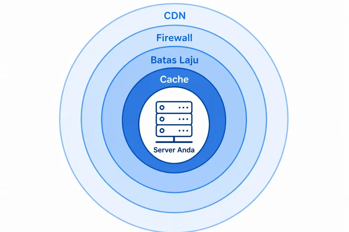 Diagram lapisan pertahanan DDoS berupa empat cincin konsentris yang mengelilingi server di pusat.