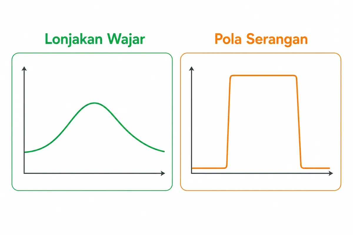 Grafik perbandingan pola trafik website normal dan serangan DDoS.