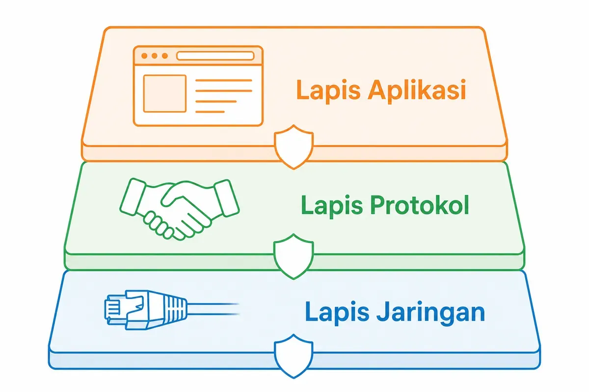 Diagram tiga lapis sasaran serangan DDoS: lapis jaringan, protokol, dan aplikasi.