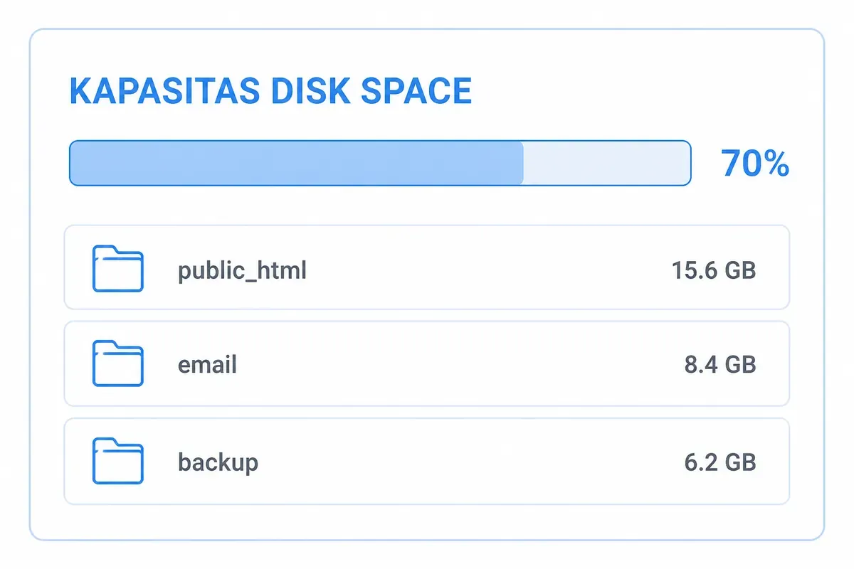 Panel kapasitas disk space menunjukkan pemakaian 70%, dirinci per folder: public_html, email, dan backup.