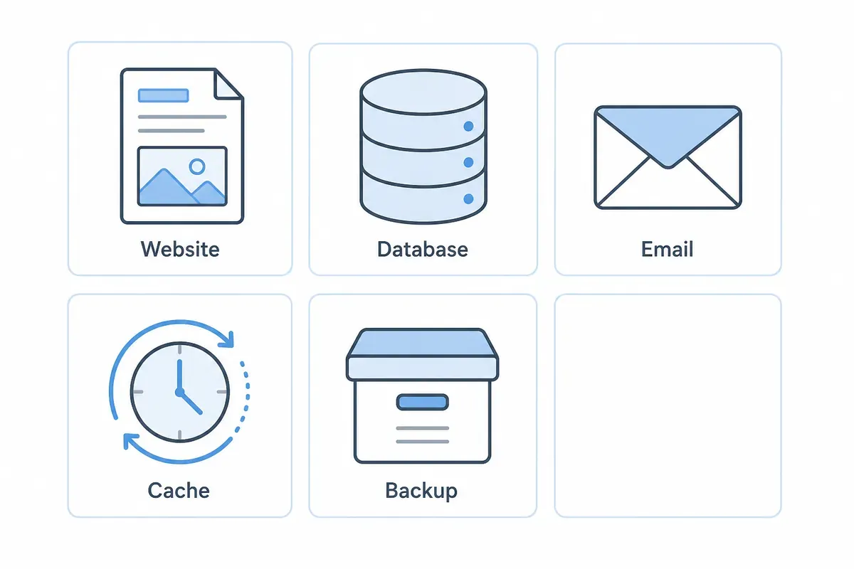 Lima kartu memperlihatkan komponen penyumbang disk space hosting: file website, database, email, cache, dan backup.