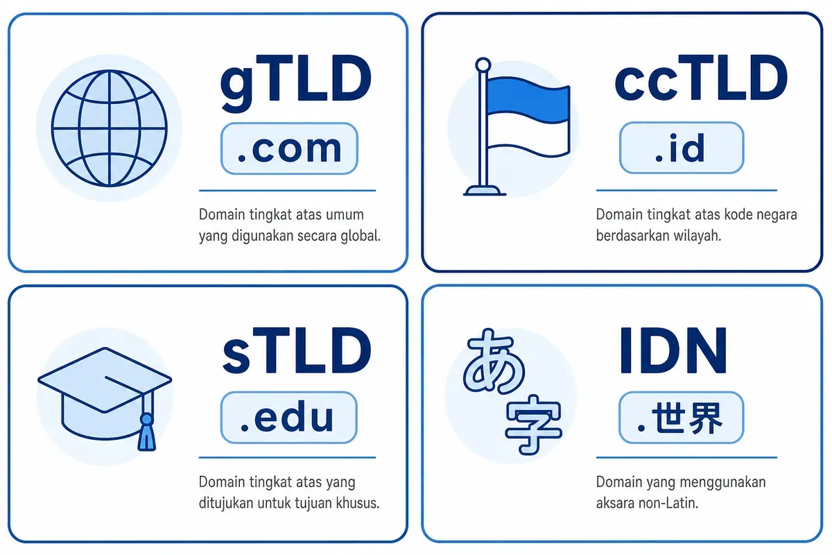 Diagram empat jenis ekstensi domain: gTLD (.com), ccTLD (.id), sTLD (.edu), dan IDN beraksara non-Latin.