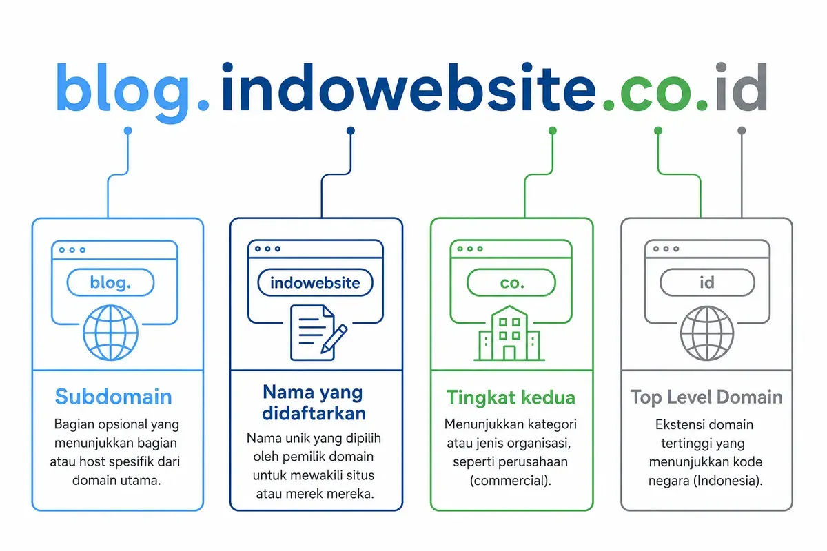 Diagram anatomi domain blog.indowebsite.co.id: subdomain, nama terdaftar, tingkat kedua, dan top level domain.