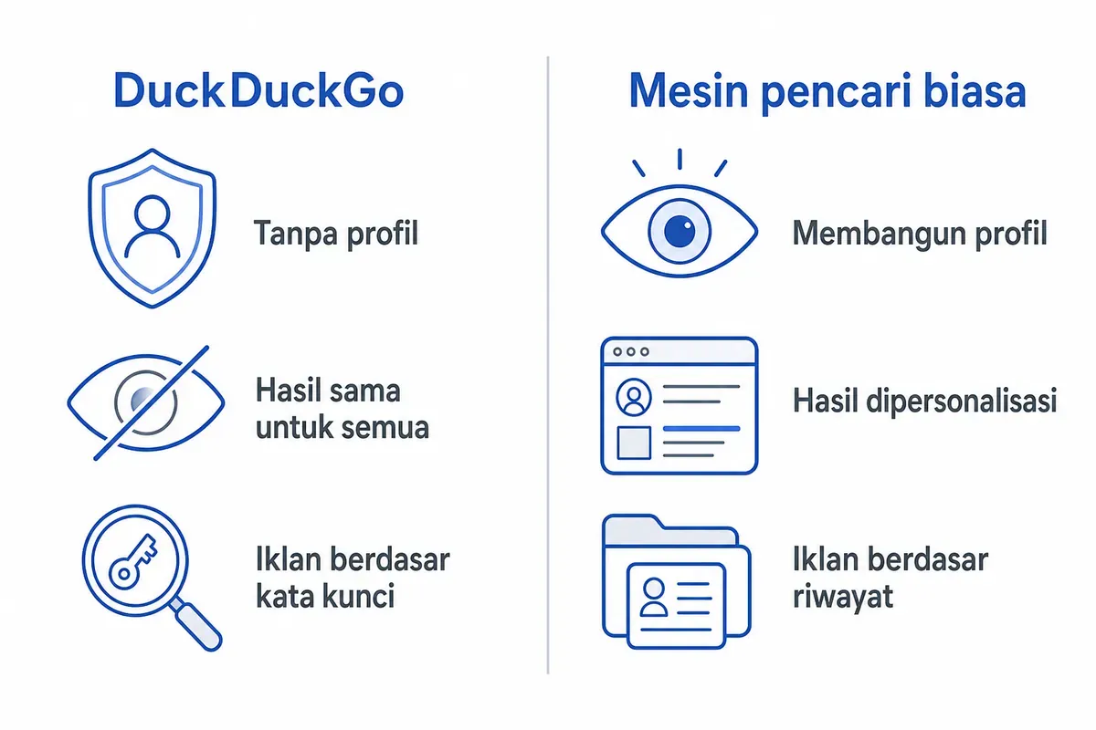 Diagram perbandingan DuckDuckGo dan mesin pencari biasa tentang profil, personalisasi, serta iklan berbasis kata kunci.