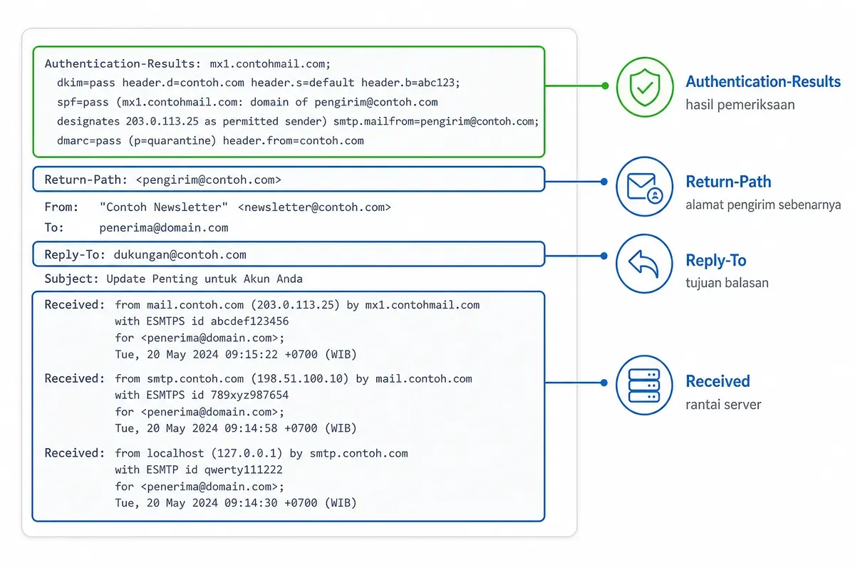 Contoh header email dengan baris Authentication-Results, Return-Path, Reply-To, dan Received yang disorot.