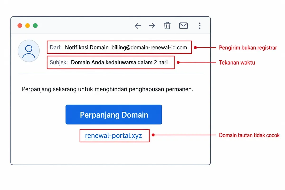 Contoh email phishing perpanjangan domain dengan penanda pengirim palsu, tekanan waktu, dan tautan tidak cocok.
