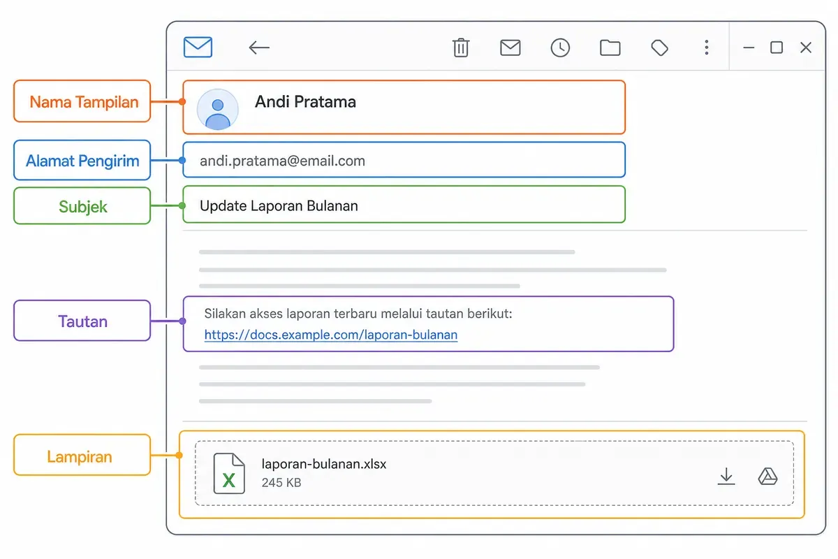 Lima bagian email yang dipalsukan pelaku phishing: nama tampilan, alamat pengirim, subjek, tautan, dan lampiran.