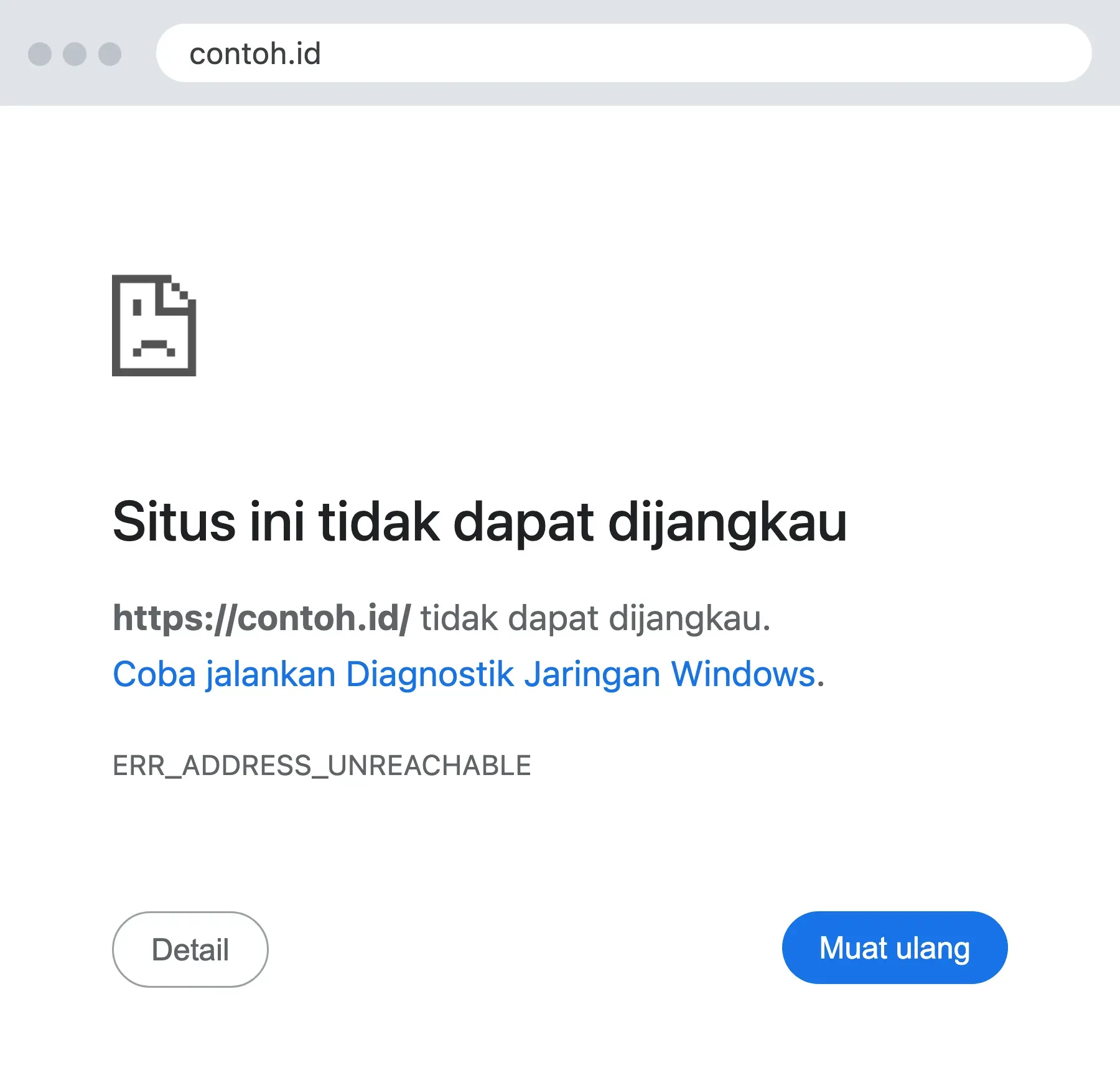 Layar ERR_ADDRESS_UNREACHABLE di Chrome Windows: situs tidak dapat dijangkau, satu saran Diagnostik Jaringan Windows.