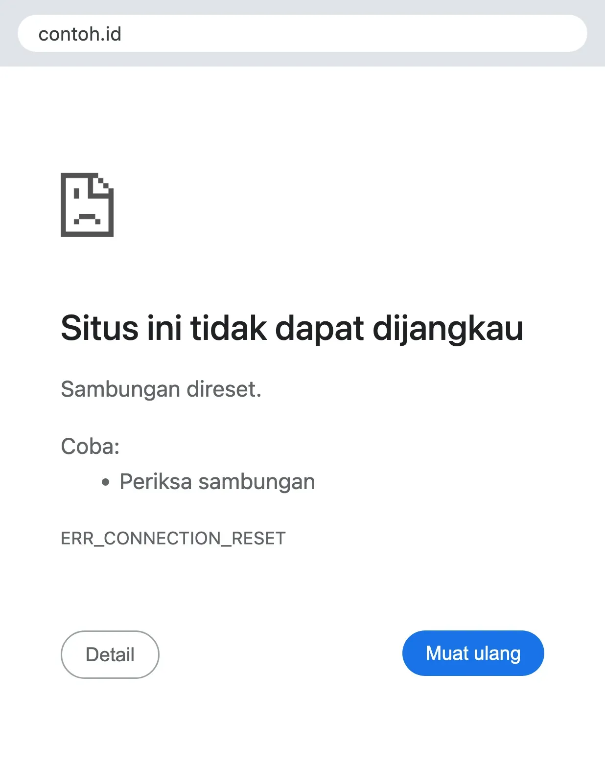 ERR_CONNECTION_RESET di Chrome Android: layar sambungan direset hanya menyarankan periksa sambungan, tanpa saran proxy.