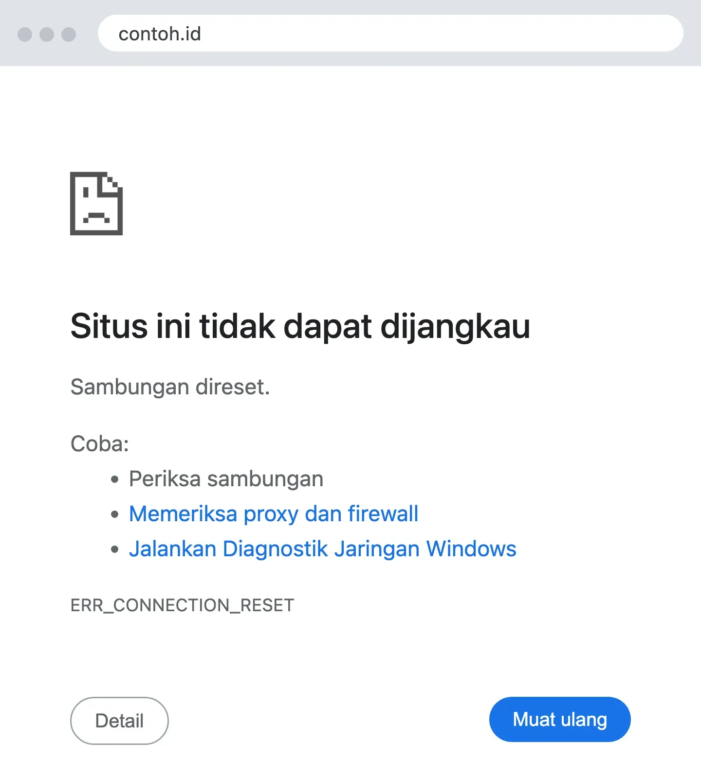 Layar ERR_CONNECTION_RESET di Chrome Windows: situs ini tidak dapat dijangkau, sambungan direset, coba periksa sambungan.