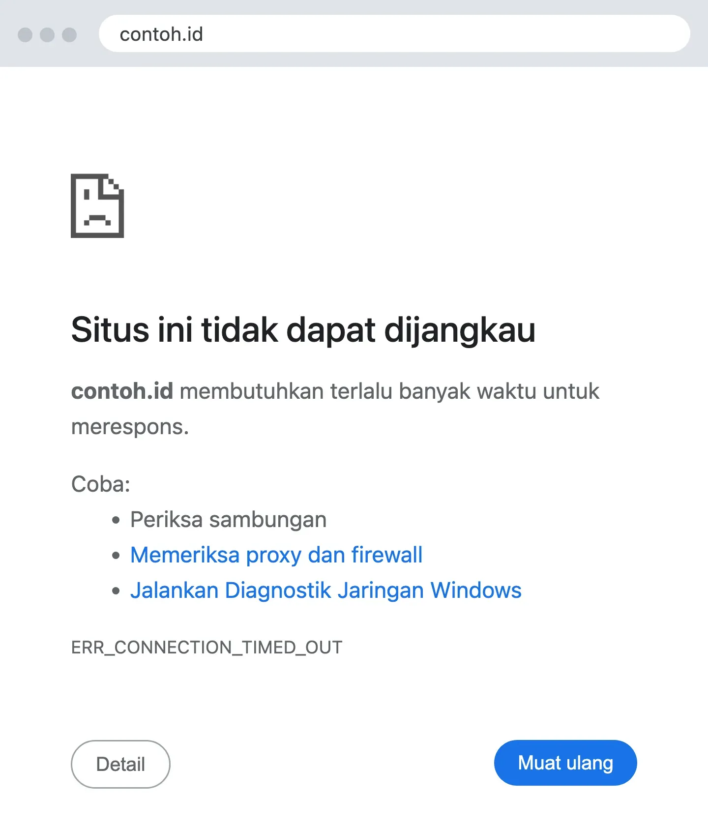 Layar ERR_CONNECTION_TIMED_OUT di Chrome: situs ini tidak dapat dijangkau karena terlalu lama merespons.