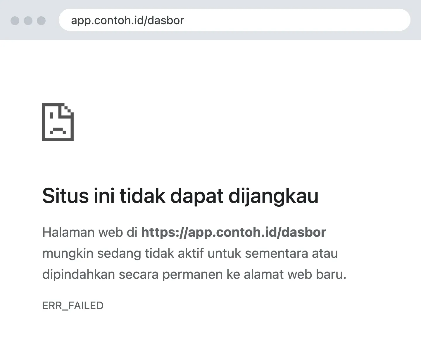 Layar ERR_FAILED di Chrome: judul Situs ini tidak dapat dijangkau, tanpa daftar saran dan tanpa tombol Muat ulang.