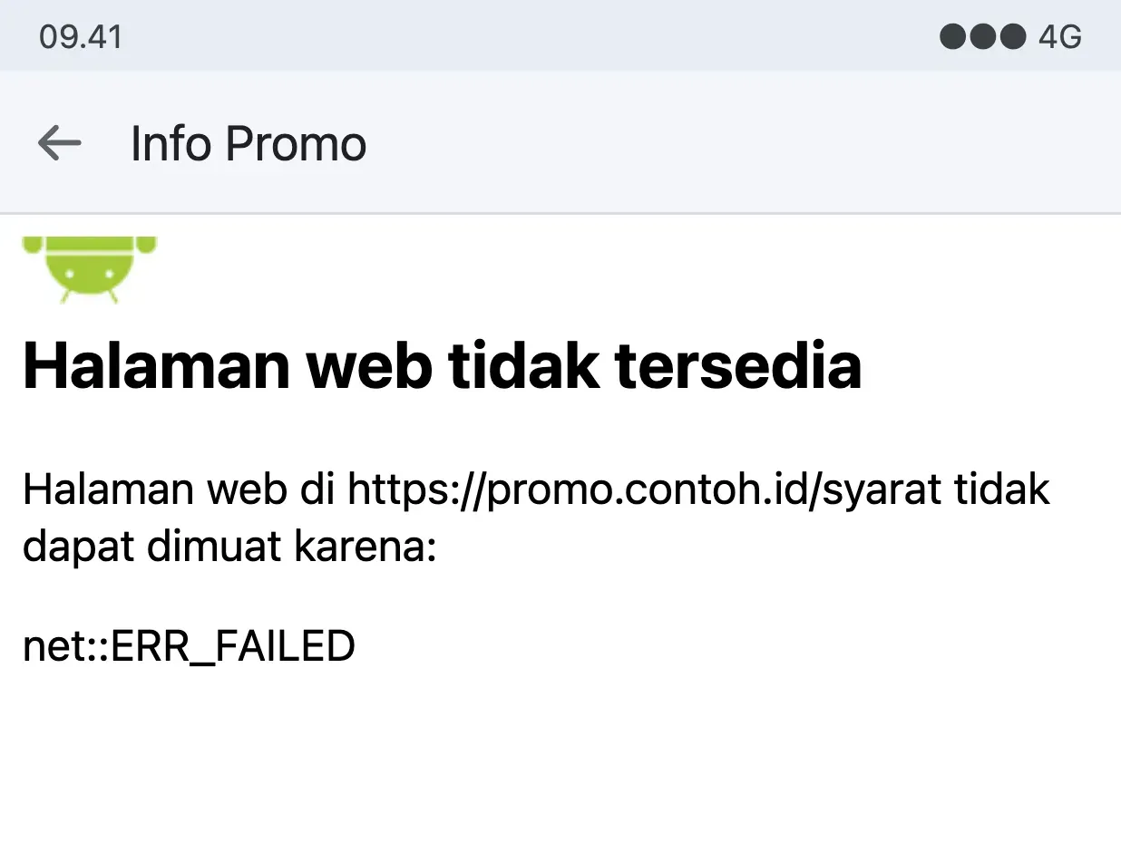 Layar Halaman web tidak tersedia di Android WebView: kode net::ERR_FAILED di baris terakhir menunjukkan penyebabnya.