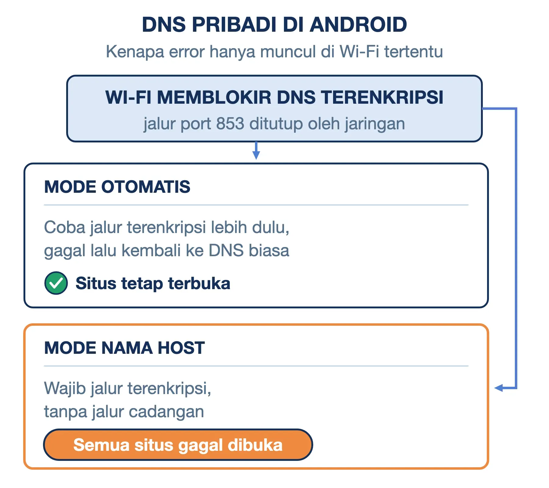 ERR_NAME_NOT_RESOLVED di Android: bila Wi-Fi memblokir DNS terenkripsi, DNS Pribadi mode nama host gagal, otomatis lolos.