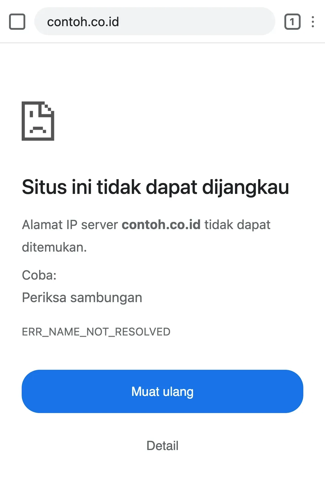 ERR_NAME_NOT_RESOLVED di Chrome Android: alamat IP server tak ditemukan, saran hanya Periksa sambungan, tombol Muat ulang.