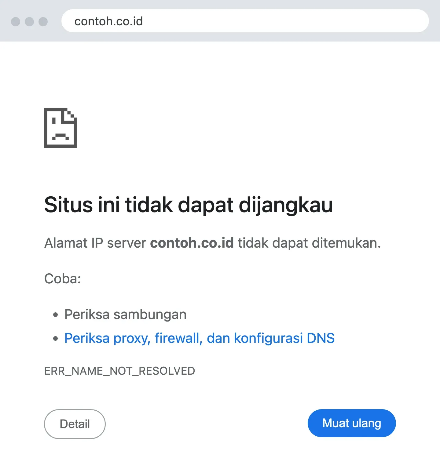 Layar ERR_NAME_NOT_RESOLVED di Chrome: alamat IP server contoh.co.id tidak dapat ditemukan, dengan saran memeriksa DNS.