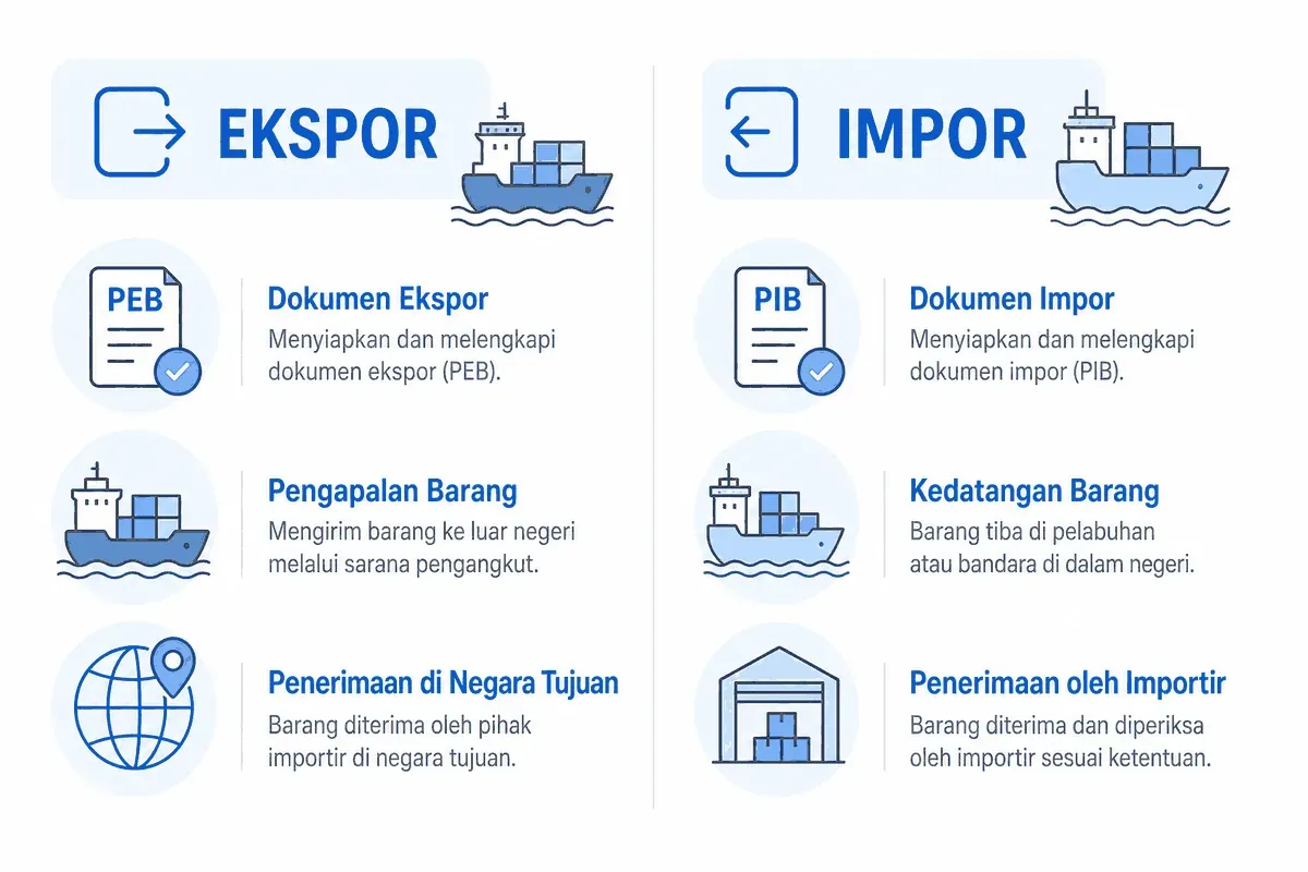 Diagram perbandingan ekspor dan impor: dokumen PEB dan PIB, pengapalan, serta penerimaan barang.
