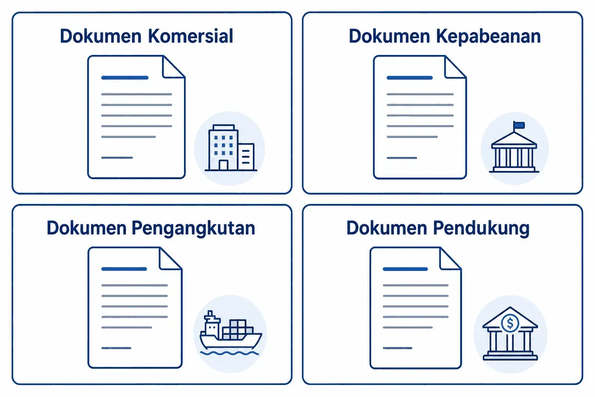 Diagram empat kelompok dokumen ekspor impor: komersial, kepabeanan, pengangkutan, dan pendukung.