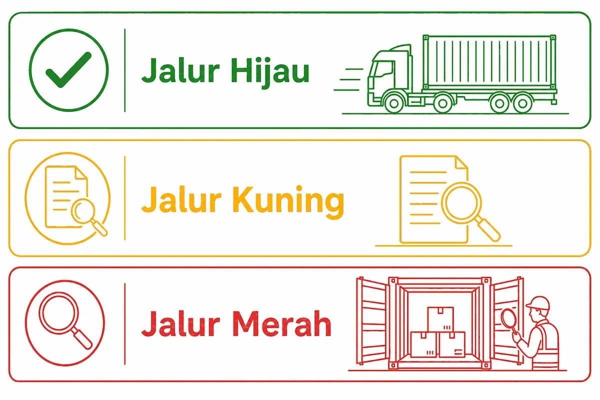 Diagram tiga jalur pengeluaran barang impor: jalur hijau, jalur kuning, dan jalur merah.