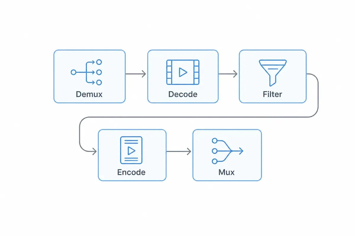 Diagram alur lima tahap pemrosesan FFmpeg: Demux, Decode, Filter, Encode, dan Mux.