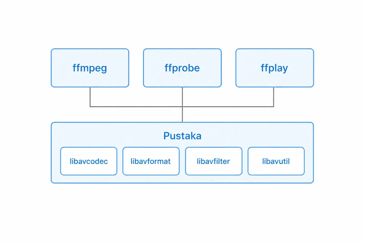 Diagram tiga program FFmpeg (ffmpeg, ffprobe, ffplay) di atas blok pustaka libavcodec, libavformat, libavfilter, libavutil.