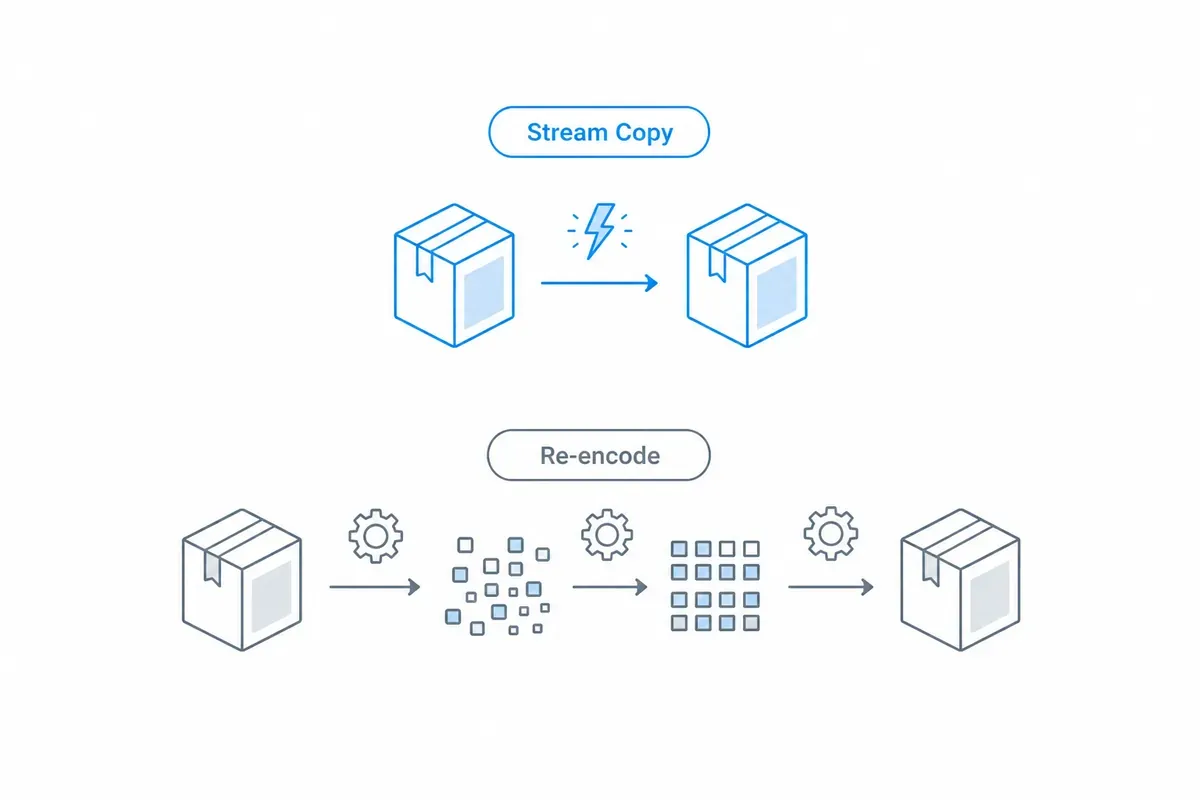 Diagram perbandingan stream copy yang memindahkan berkas utuh dengan re-encode yang membongkar lalu menyusunnya ulang.