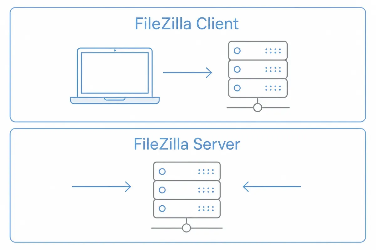 Diagram perbandingan FileZilla Client dan FileZilla Server dengan ikon laptop, rak server, dan panah transfer data.