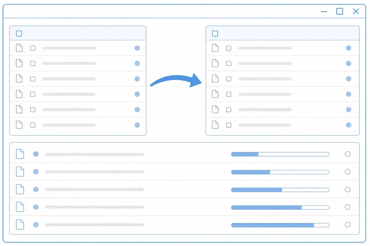 Skema jendela FileZilla: dua panel daftar berkas dengan panah transfer ke kanan dan panel antrean di bawahnya.