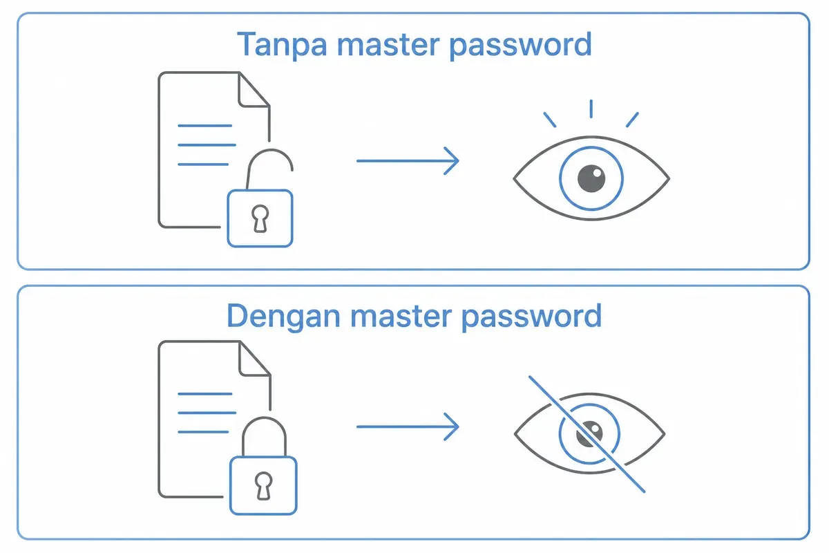 Diagram berkas kredensial FileZilla: tanpa master password isinya terbaca, dengan master password terkunci.
